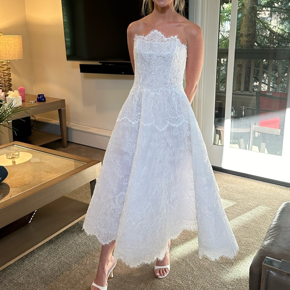 Bespoke White Lace Midi Dress with Scalloped Hem - Picture 4 of 7